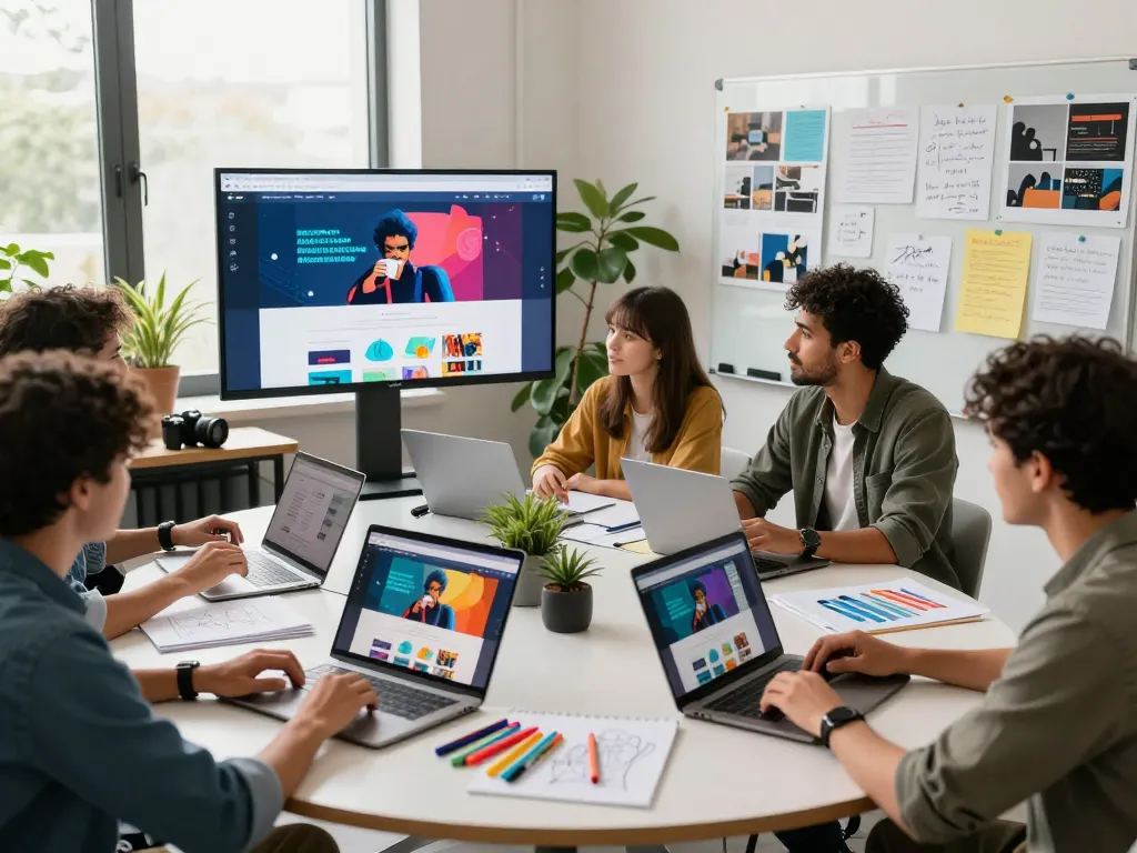 Web design team collaborating on innovative digital projects in a vibrant studio