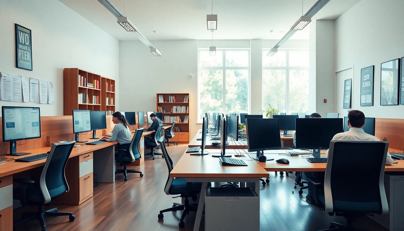 Efficient Typing Center workspace with modern devices and natural lighting.