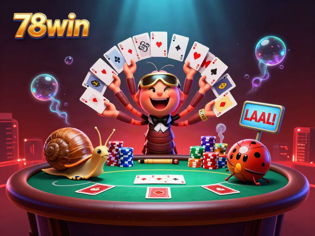 Engage in thrilling poker action at 78win with a lively 3D scene featuring a millipede dealer and colorful chips.