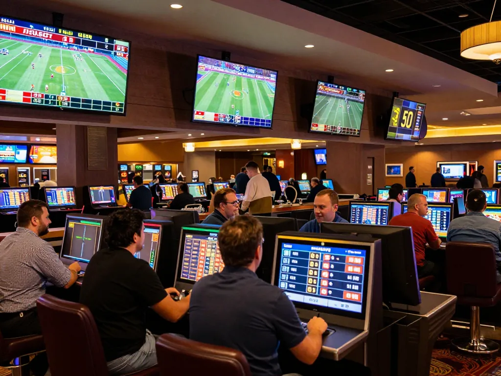 Sports enthusiasts analyzing tỷ lệ cá cược during a live match at a modern sportsbook