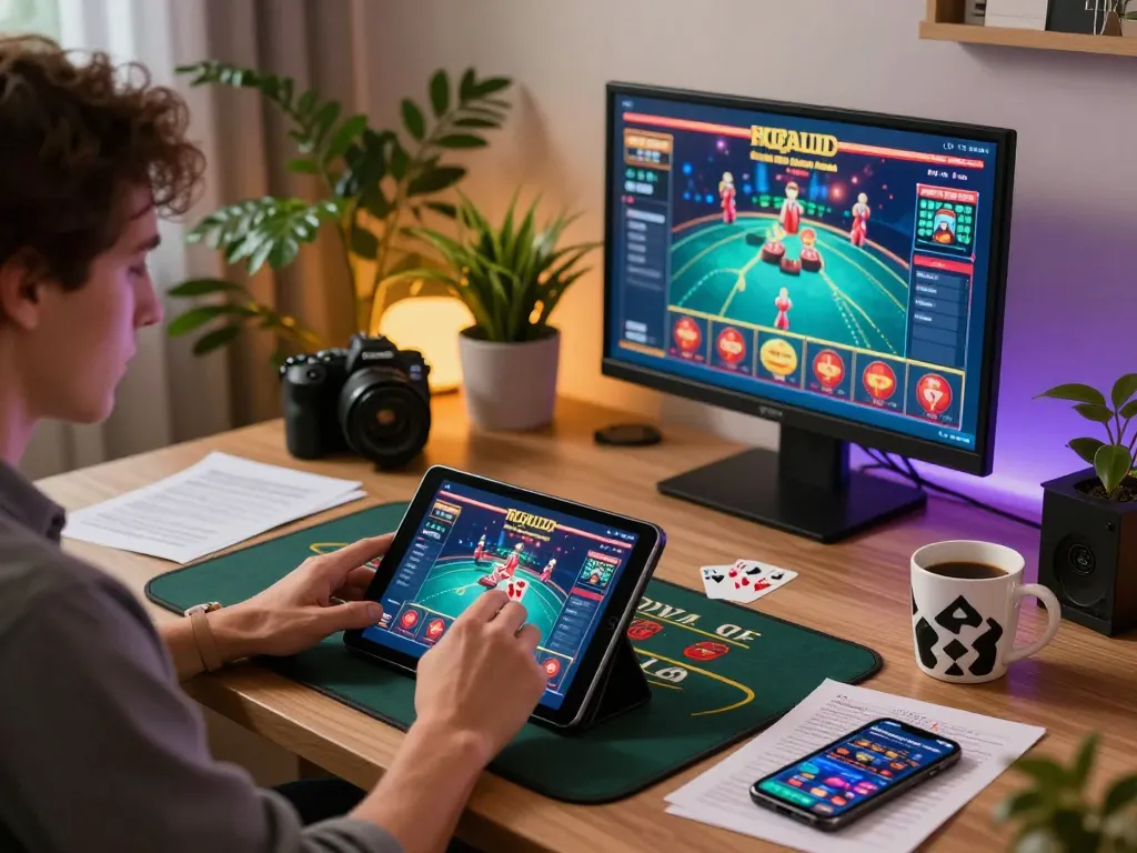 Engaging moment in online gaming with qq88, player focused on blackjack strategy in cozy office.