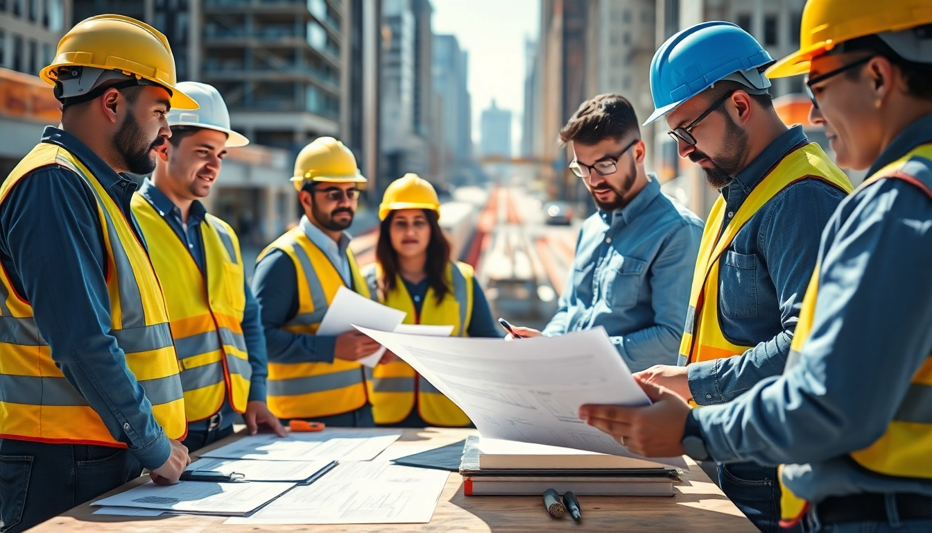 Team discussing construction labor compliance documents at a job site.