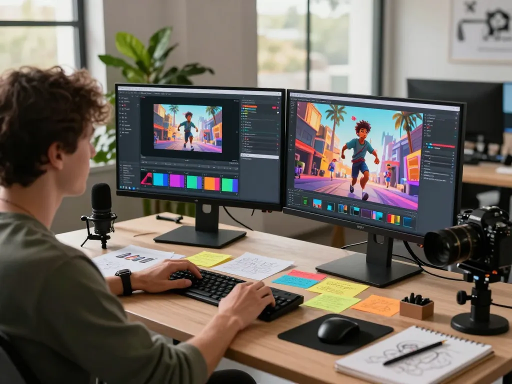 Content creator using mind control technology to generate AI videos in a vibrant studio.