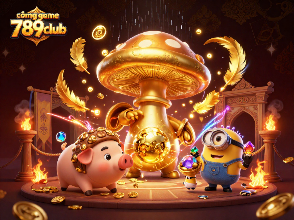 Experience the excitement of cổng game 789club with a vibrant 3D casino illustration featuring magical elements and treasures.