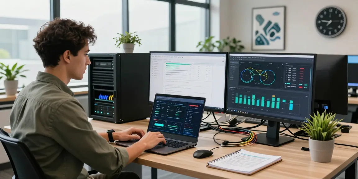 Web hosting Australia office scene with IT specialist analyzing server performance on multiple monitors.