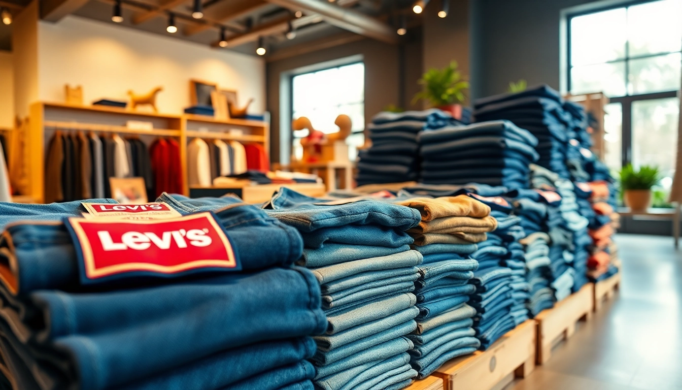 Showcase of Levi’s and American eagle jeans pallet in a modern retail setting.