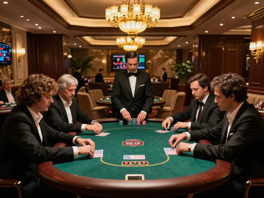 GG88 high-roller poker game scene in a luxurious casino with focused players and dealer.