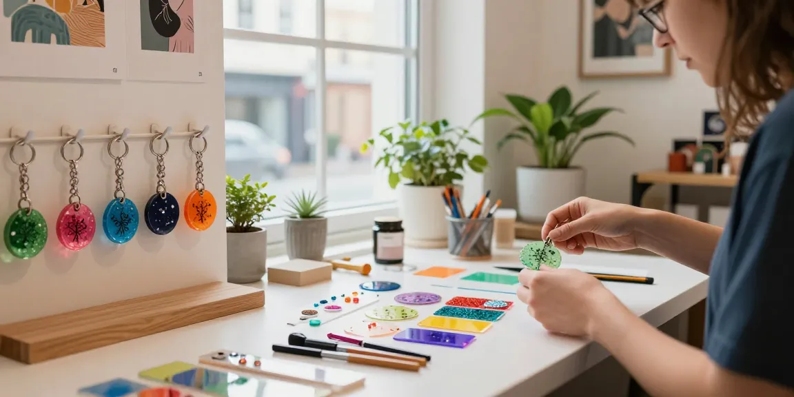 Custom keychains being crafted in a bright urban studio, showcasing creativity and vibrant design elements.