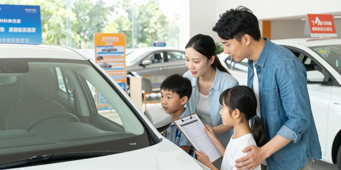 Family examining a used car with the best car history check UK report in hand, promoting informed buying decisions.