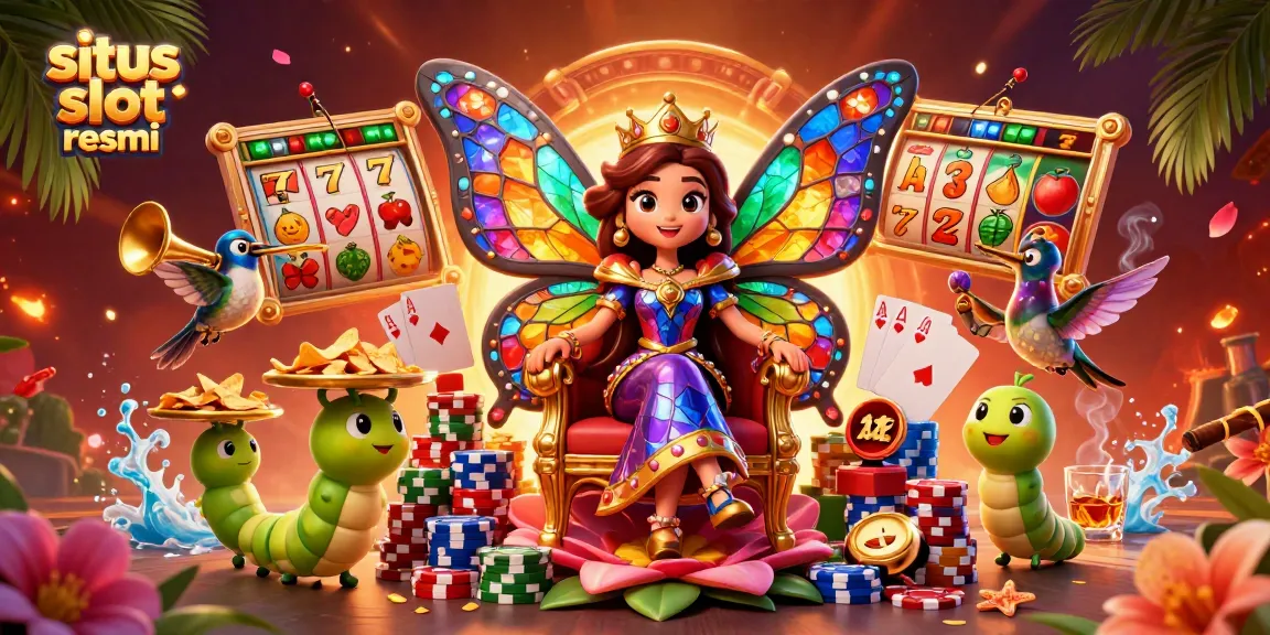 Experience the excitement at situs slot resmi with vibrant slot reels, butterflies, and poker chips.