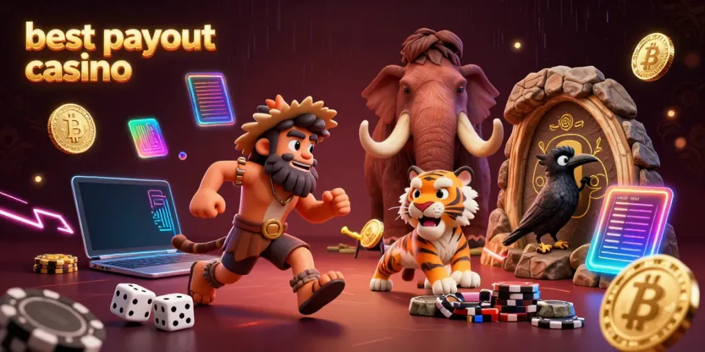 Experience the excitement of the best payout casino with a caveman and sabertooth duo managing a vibrant casino.