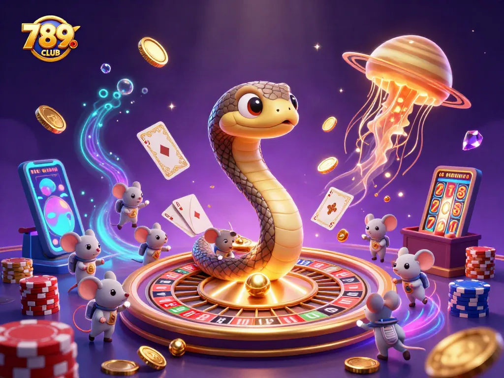 Bet on exciting games with 789CLUB in a vibrant cosmic casino scene featuring cartoons.