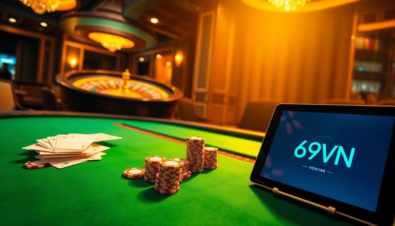 Experience excitement at 69VN with poker chips and roulette in a luxury casino setting.