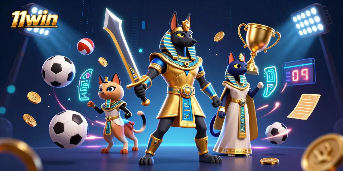 11WIN features a dynamic casino scene with Anubis and Bastet among sports elements.