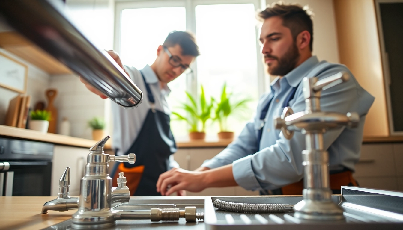 Experienced plumber repairing pipe in modern kitchen as a Plumber near me.