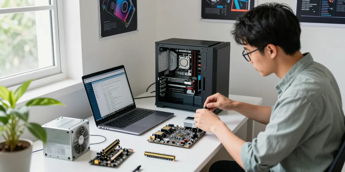 Refurbished PC assembly scene showcasing various components and a professional focused on technology.