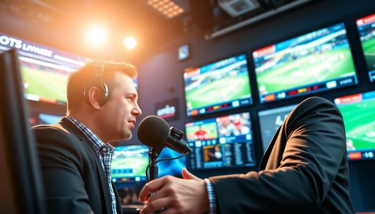 Engaging sports broadcasting scene showcasing a passionate announcer in a dynamic studio.