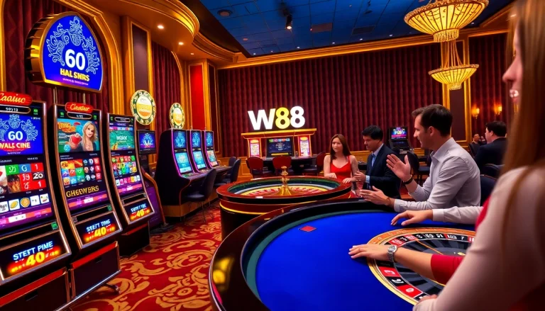 Exciting WW88 online gambling scene featuring vibrant slot machines and poker chips.