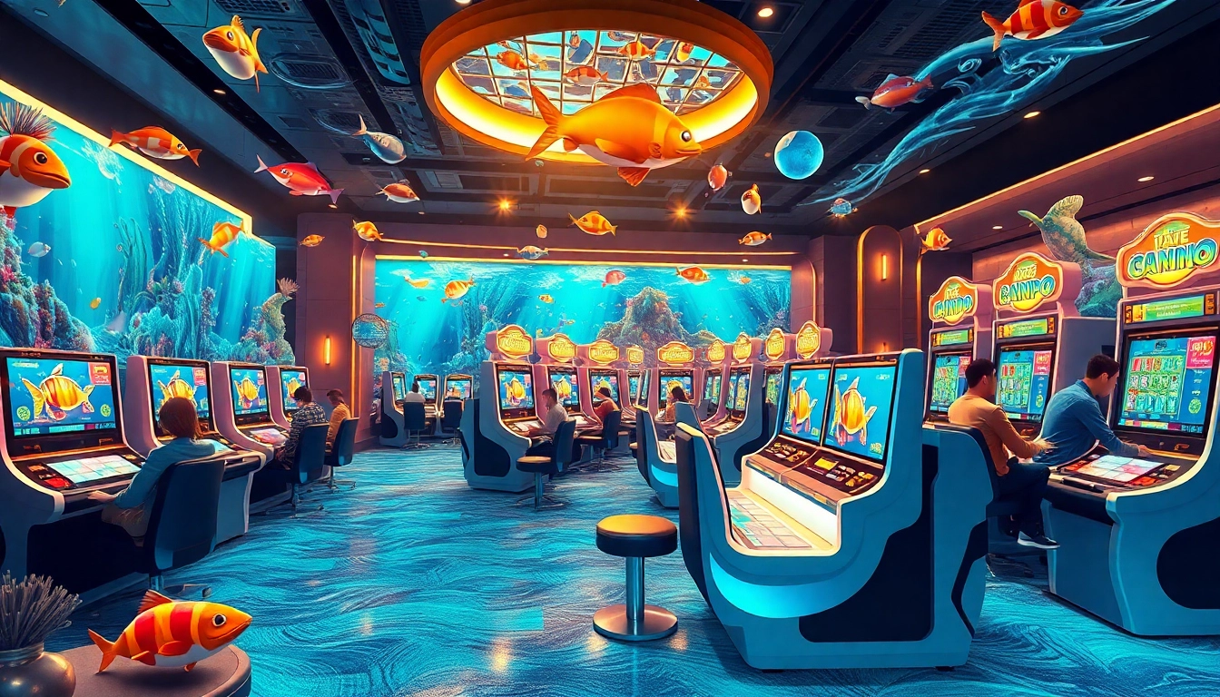 bắn cá đổi thưởng players enjoying exciting underwater adventures at a vivid casino game terminal.