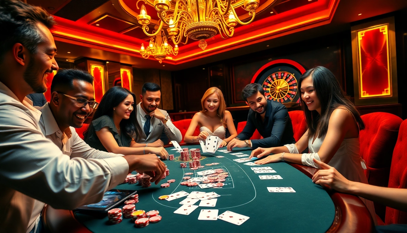 Excited players engaging at the poker table at Nhà cái Hitclub, enjoying a thrilling casino experience.