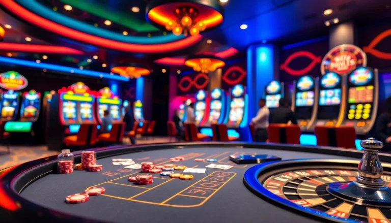 KJC.Football-themed casino scene showcasing a lively blackjack table, vibrant poker chips, and spinning roulette wheel.