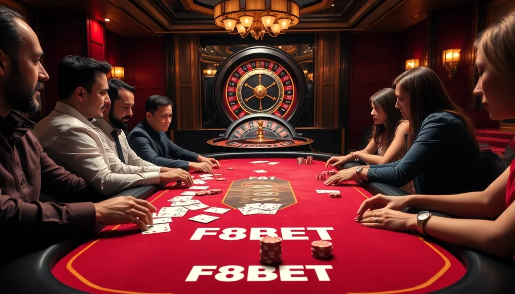 Engaging players at F8BET poker table with vibrant chips and cards in luxury casino setting.