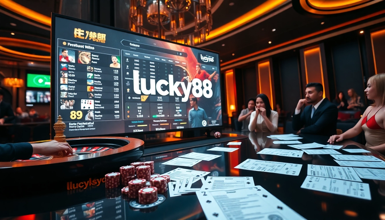 Exciting scene showcasing lucky88 sports betting with live matches, casino tables, and poker chips.