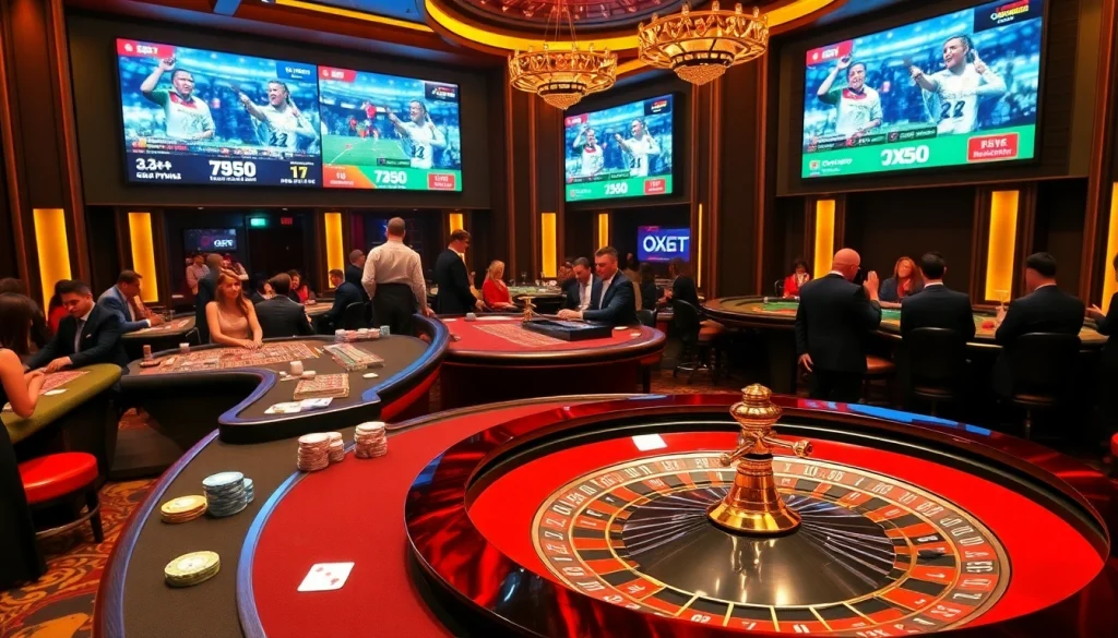 Exciting gaming scene at OXBET.COM with vibrant casino tables and professional dealers in action.