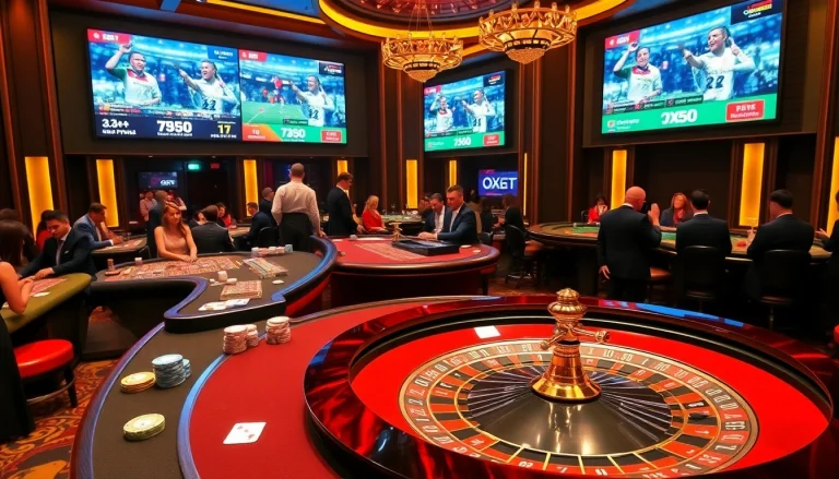 Exciting gaming scene at OXBET.COM with vibrant casino tables and professional dealers in action.