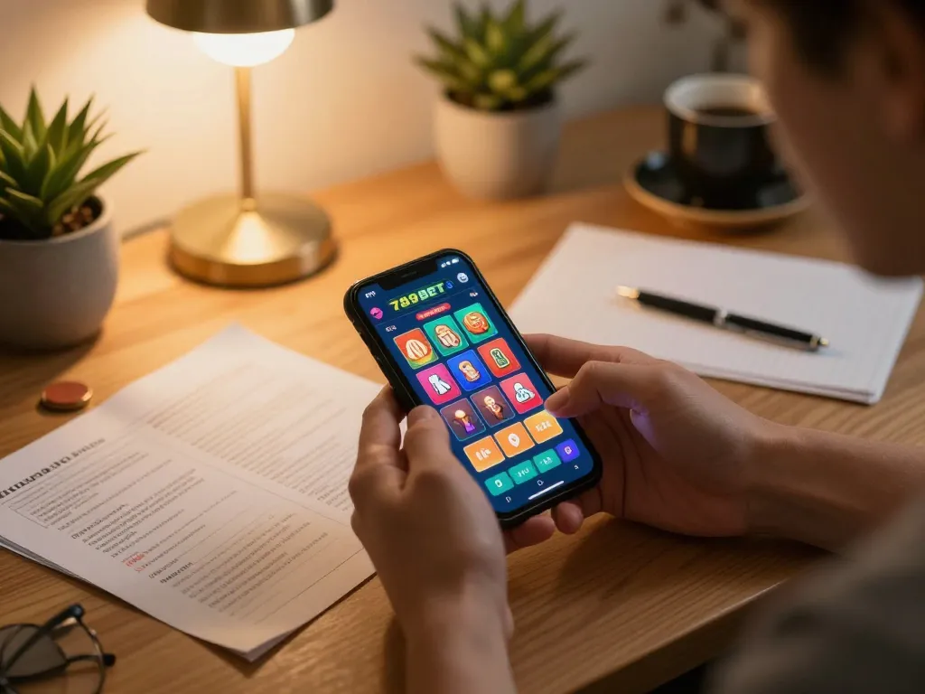 Engaging mobile gaming moment with 789BET app open showing vibrant betting options on a smartphone while enjoying a cozy setting