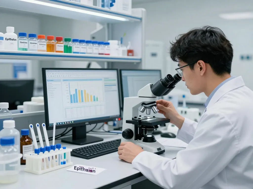 Buy epithalon peptide in a modern lab setting with a researcher analyzing samples.