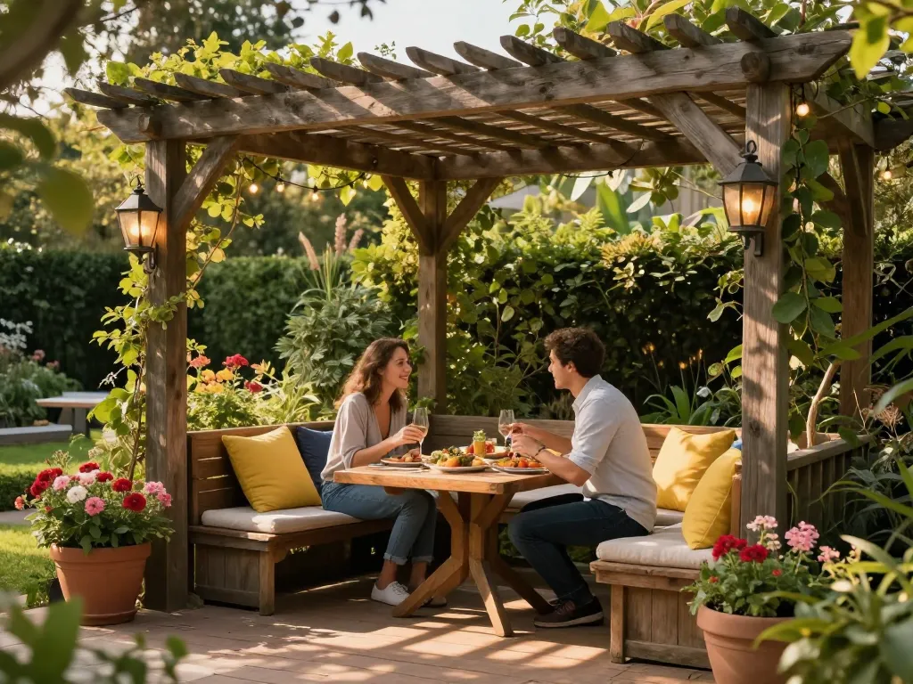 Couple dining under a stunning 3D pergola in a lush garden