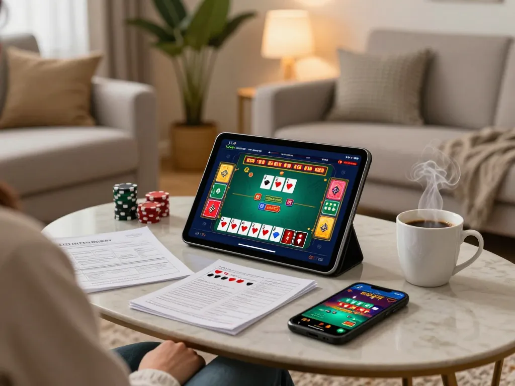 Engaged gambler plays poker on https://rr88co.net/ using tablet in a cozy living room.
