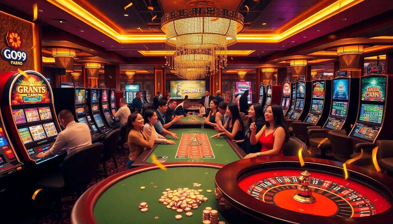 Players celebrating big wins at GO99 with vibrant casino games and luxurious ambiance.