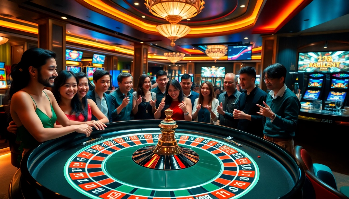 Players enjoy a thrilling roulette game at 78Win's luxurious casino, showcasing vibrant chips and excitement.