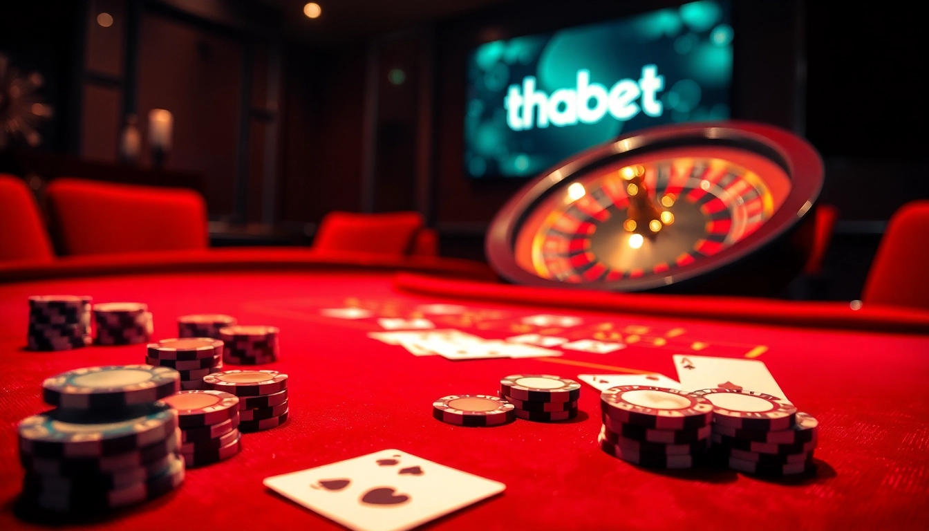 Engage in thrilling gameplay at Thabet casino, featuring a luxurious gaming table and vibrant poker chips.