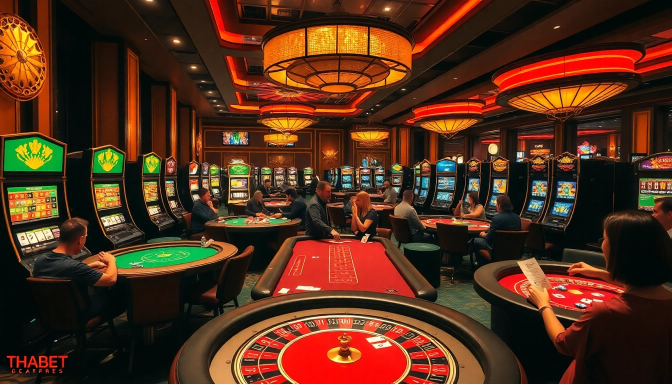 THABET casino scene featuring engaged players at poker tables, vibrant slot machines, and thrilling atmosphere.