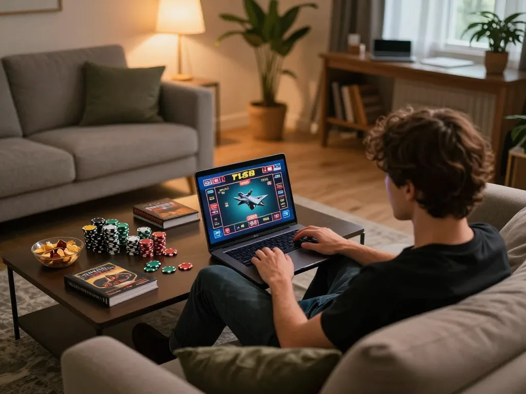 Person enjoying F168 online poker on a laptop in a cozy home setting filled with strategy notes and snacks.