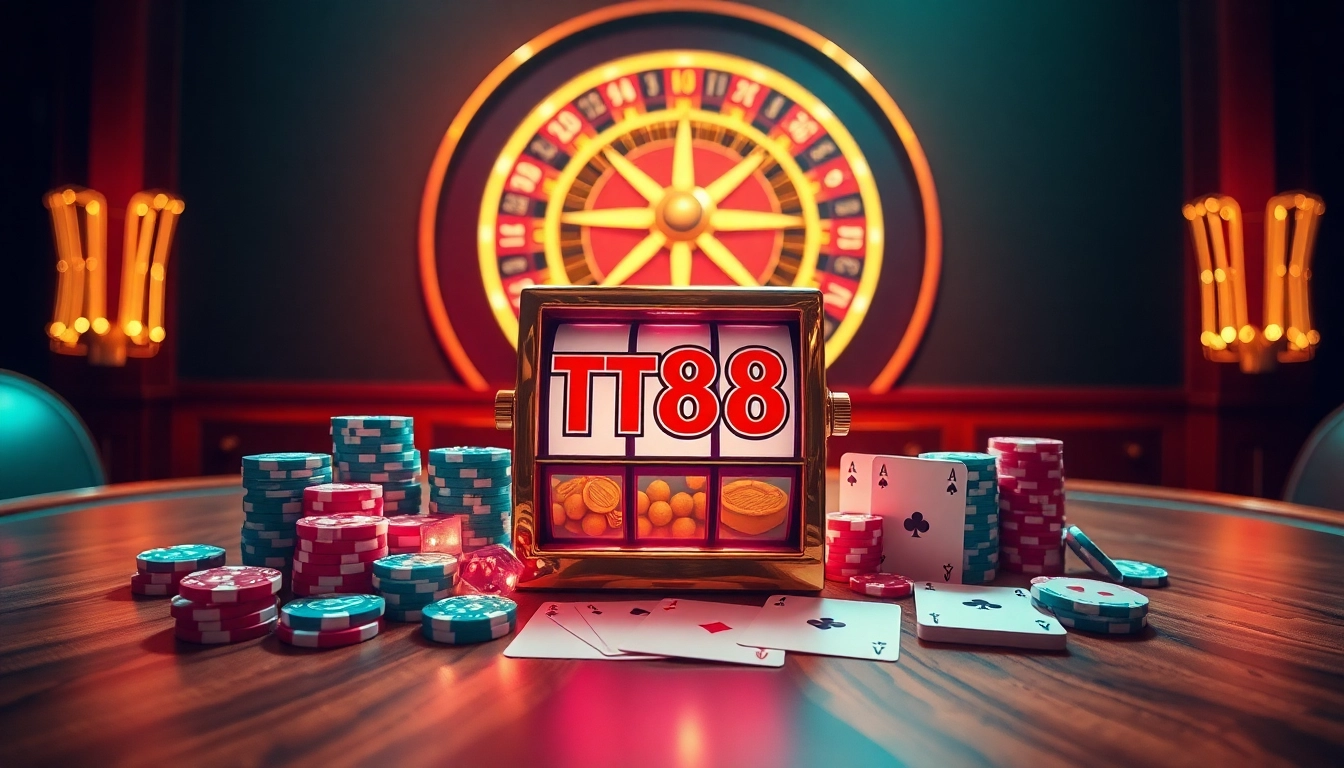 Engaging scene featuring the TT88 slot machine with poker chips and roulette, capturing excitement in gambling.