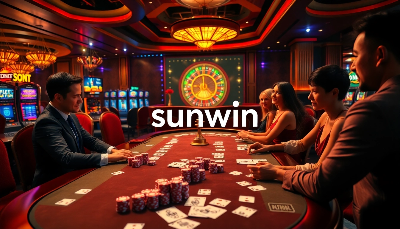 Players experience the excitement of high-stakes gambling at a sunwin casino, showcasing poker cards and vibrant chips.