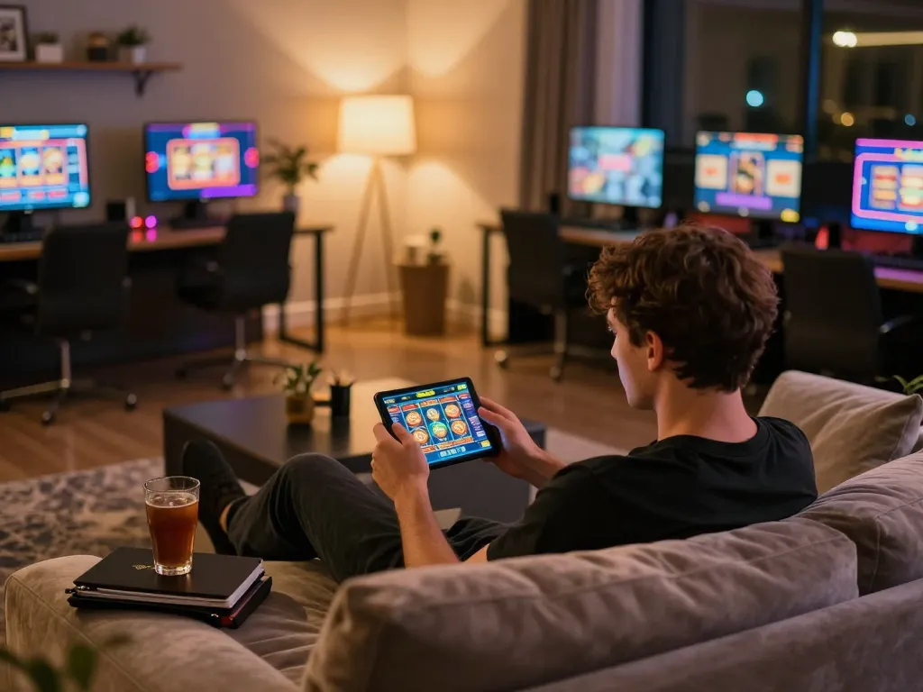 Player enjoying Fly88 online slots on a mobile device in a cozy gaming setup at home