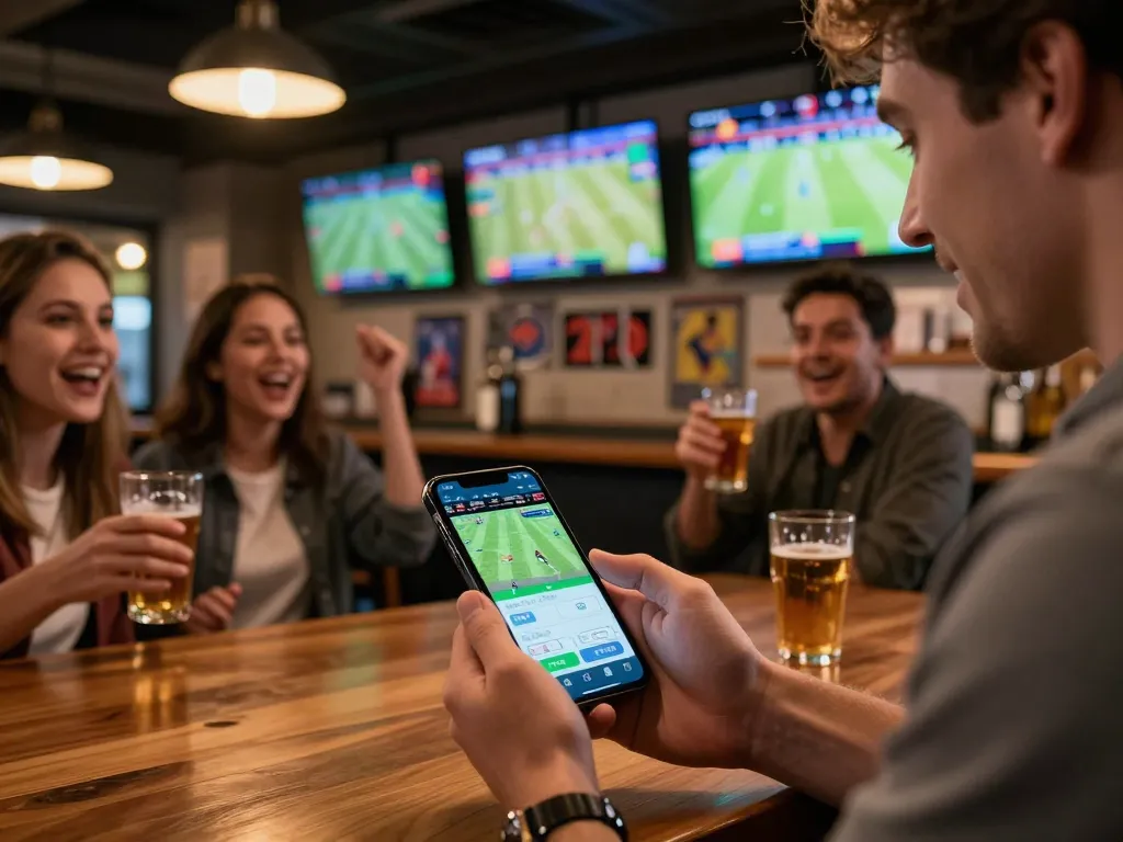 GG88 sports betting moment with a person engaging on a mobile app amid lively game atmosphere.