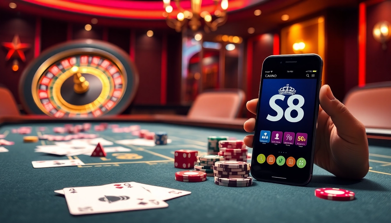 Experience thrilling gameplay at S8’s online casino with poker chips and vibrant gaming elements.
