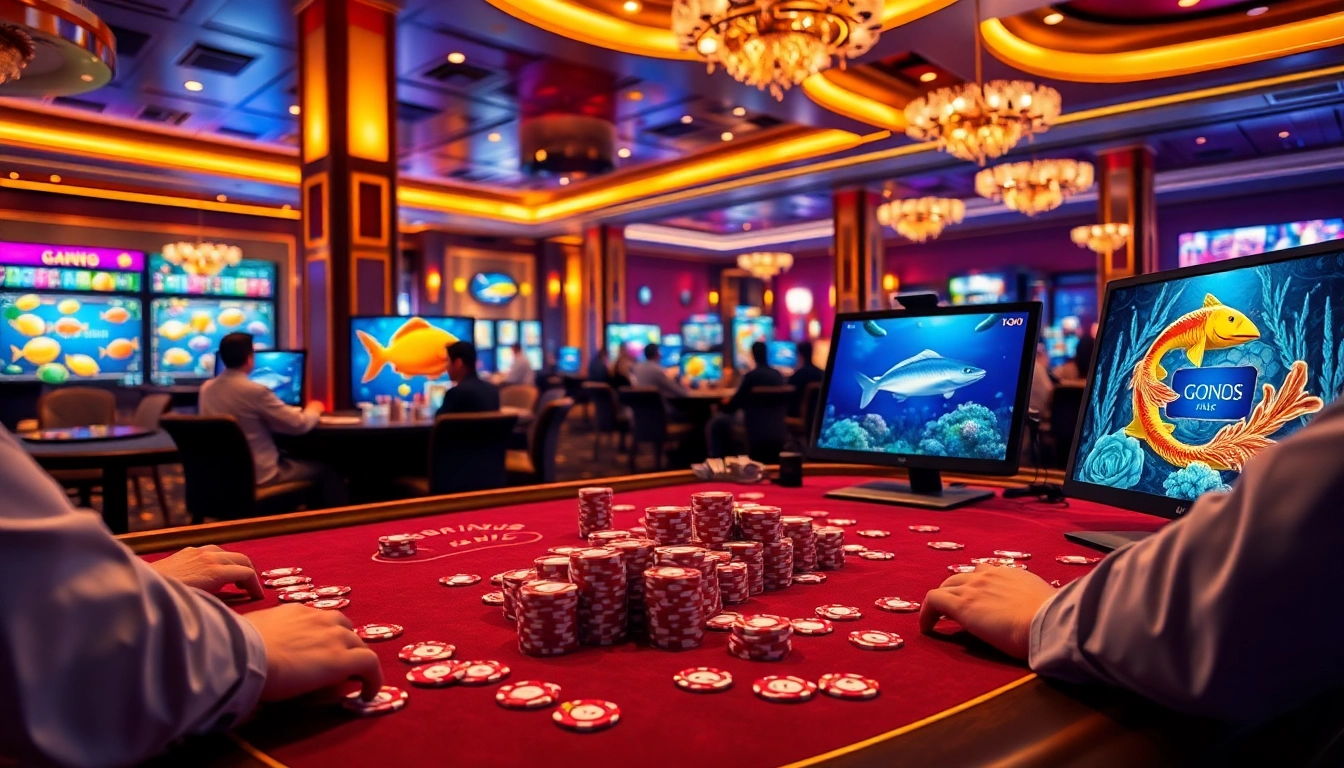 Engaging scene of bắn cá đổi thưởng players enjoying colorful 3D graphics and casino excitement.