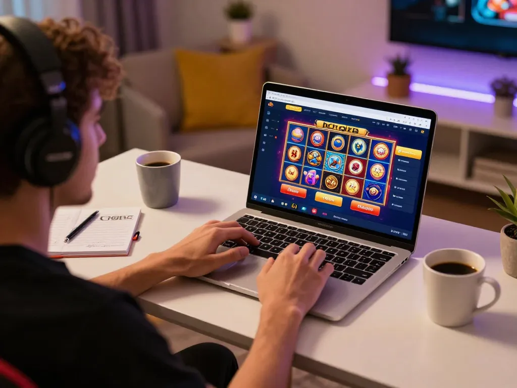 Engaging with GO88 platform on laptop, showcasing vibrant slot games in a cozy setting.
