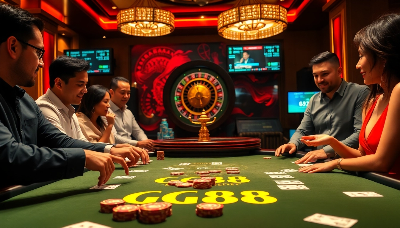 Players enjoy a thrilling game at the GG88 poker table, showcasing excitement and luxury in gambling.