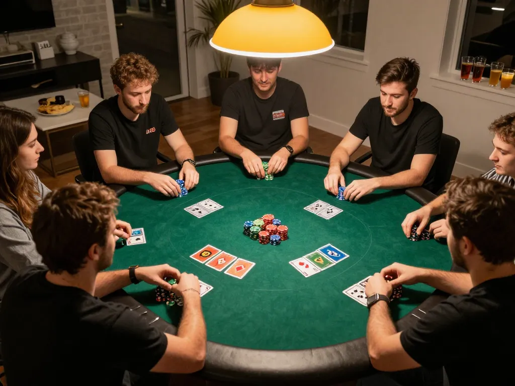C168 players strategizing at a poker table during a home game night, showcasing friendly competition and excitement.