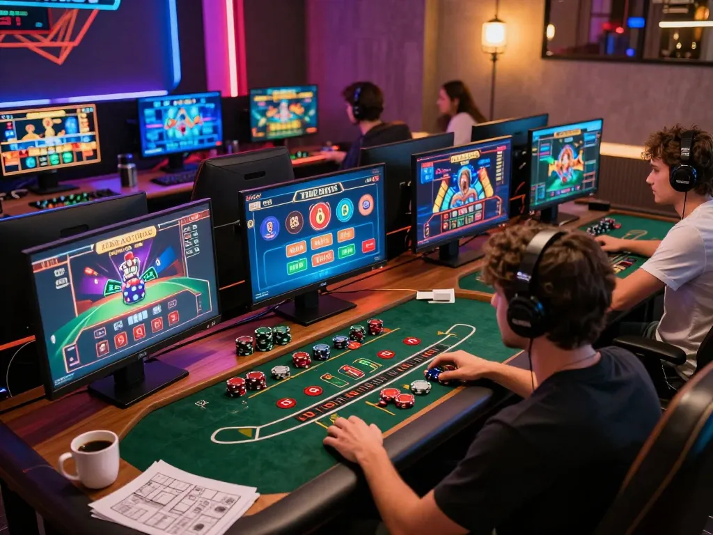 Engaging user enjoying online gaming at https://f168biz.com/ with multiple screens and strategy notes.