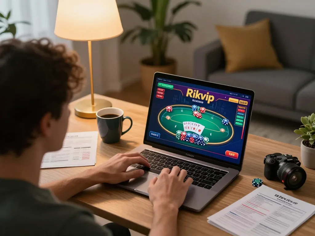 Engaged player enjoying Rikvip online gaming with strategic poker moves in a cozy home setting.