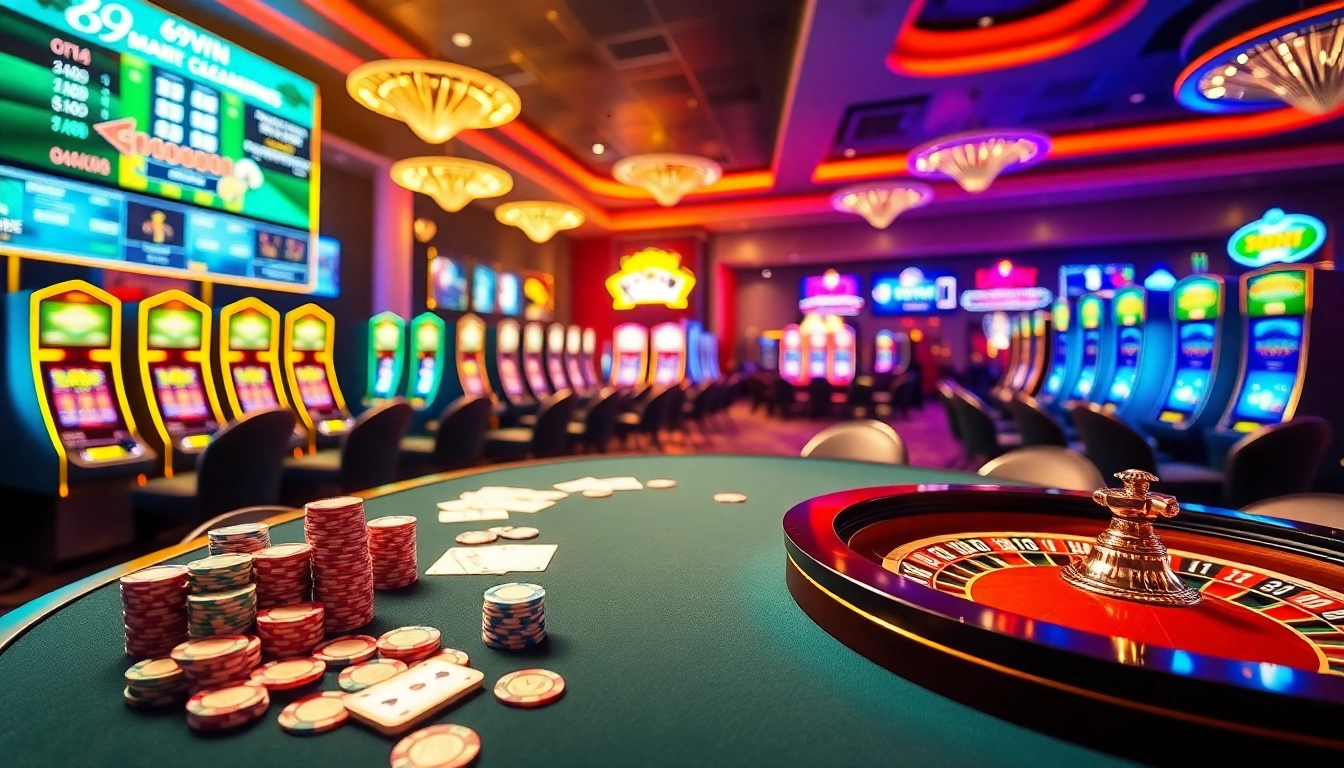 Engaging gambling scene at 69VN featuring poker chips, cards, and a roulette wheel.